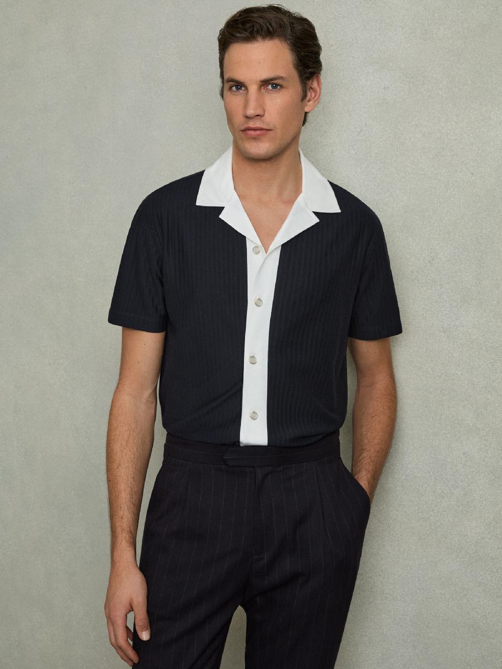 Reiss Cotton Textured Colour-Block Shirt In Navy/White