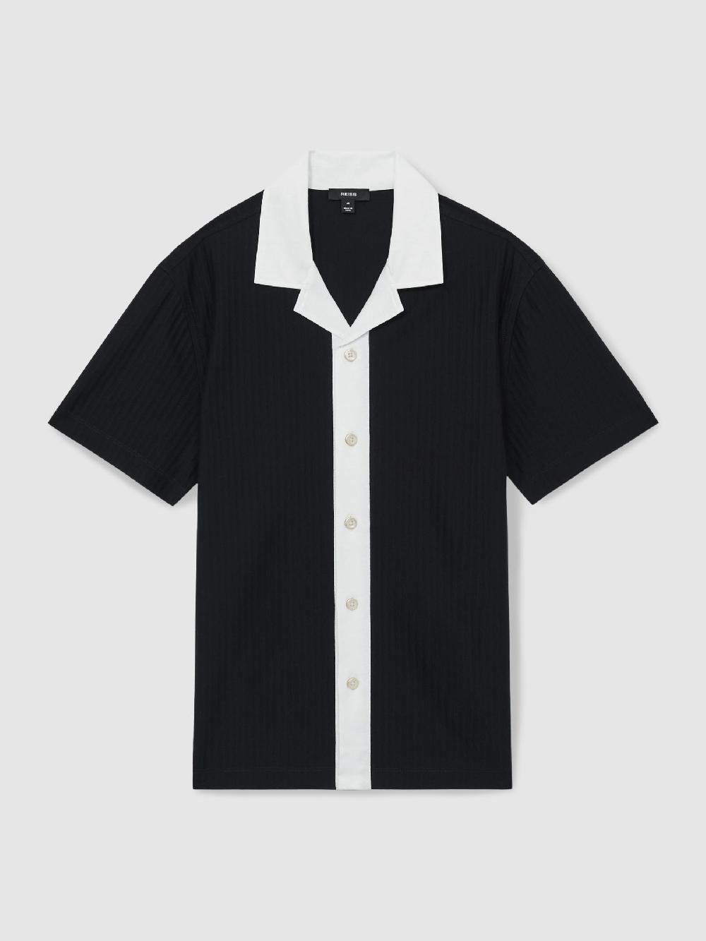 Reiss Cotton Textured Colour-Block Shirt In Navy/White