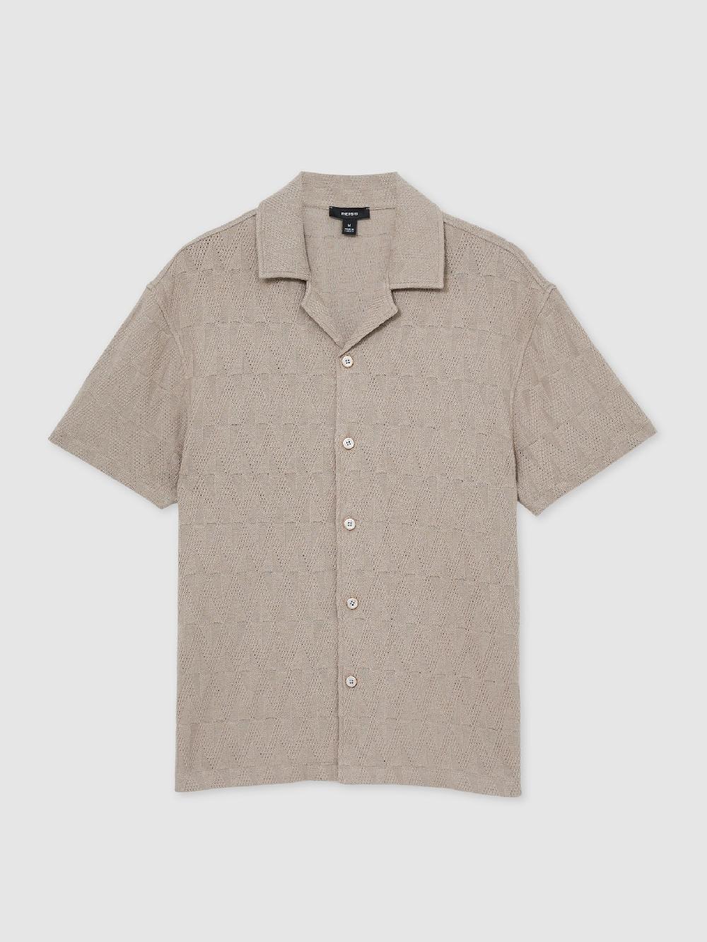 Reiss Cotton Textured Cuban-Collar Shirt In Mink Brown
