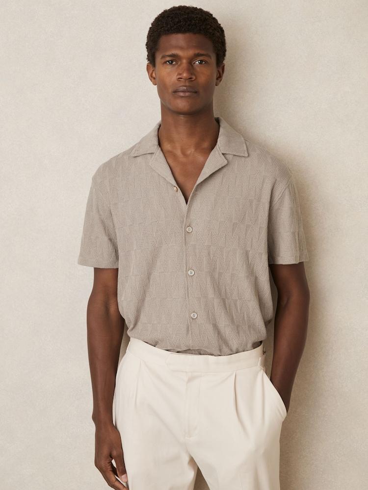 reiss Cotton Textured Cuban-Collar Shirt in Mink Brown