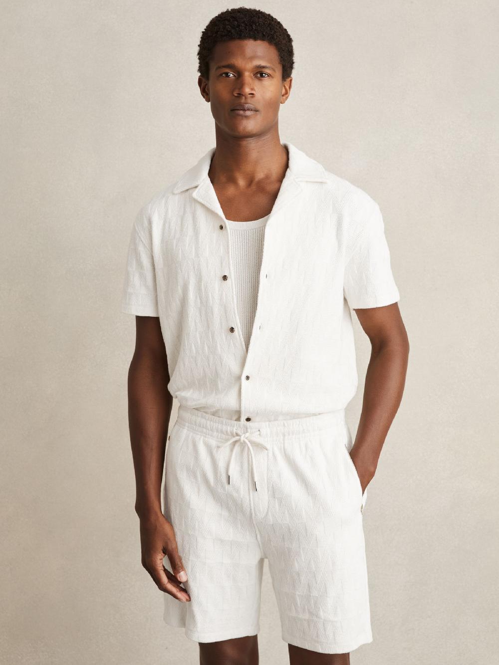 Reiss Cotton Textured Cuban Collar Shirt In Off White