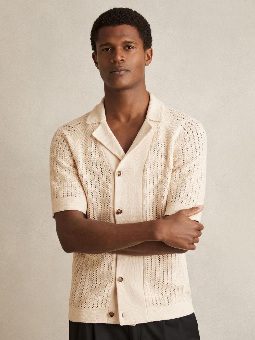 Reiss Cotton Textured-Knit Cuban-Collar Shirt In Light Stone