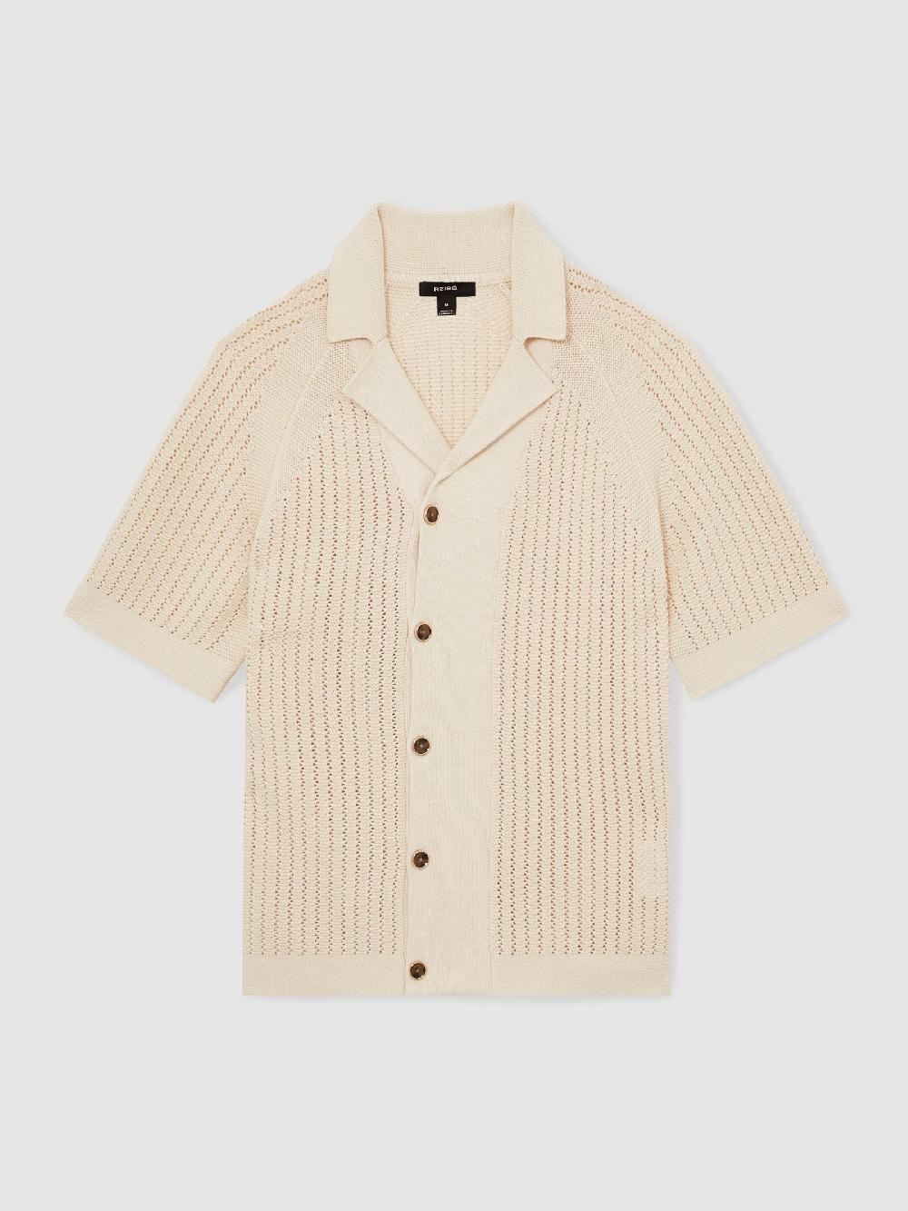 Reiss Cotton Textured-Knit Cuban-Collar Shirt In Light Stone