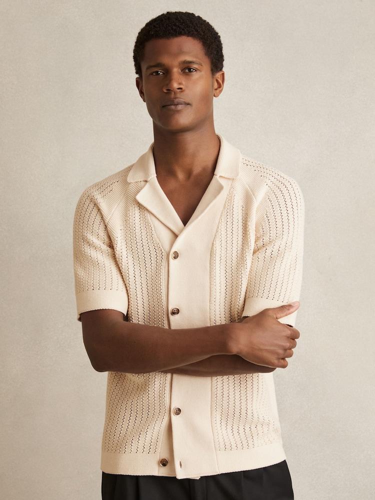 reiss Cotton Textured-Knit Cuban-Collar Shirt in Light Stone