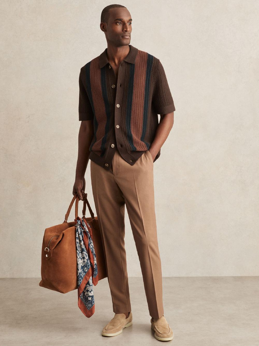 Reiss Cotton Textured-Knit Stripe Shirt In Brown Multi