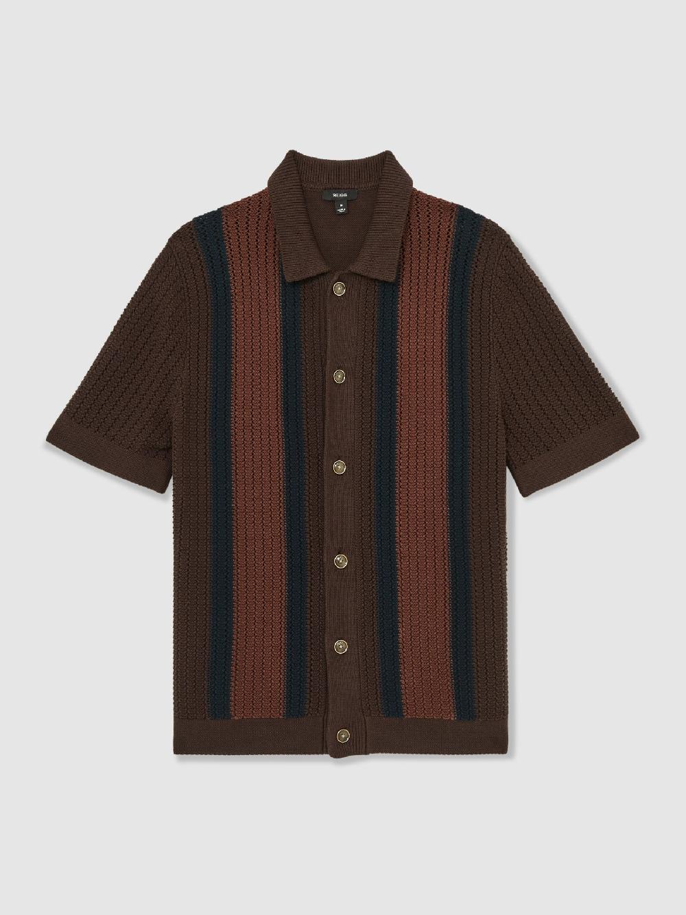 Reiss Cotton Textured-Knit Stripe Shirt In Brown Multi