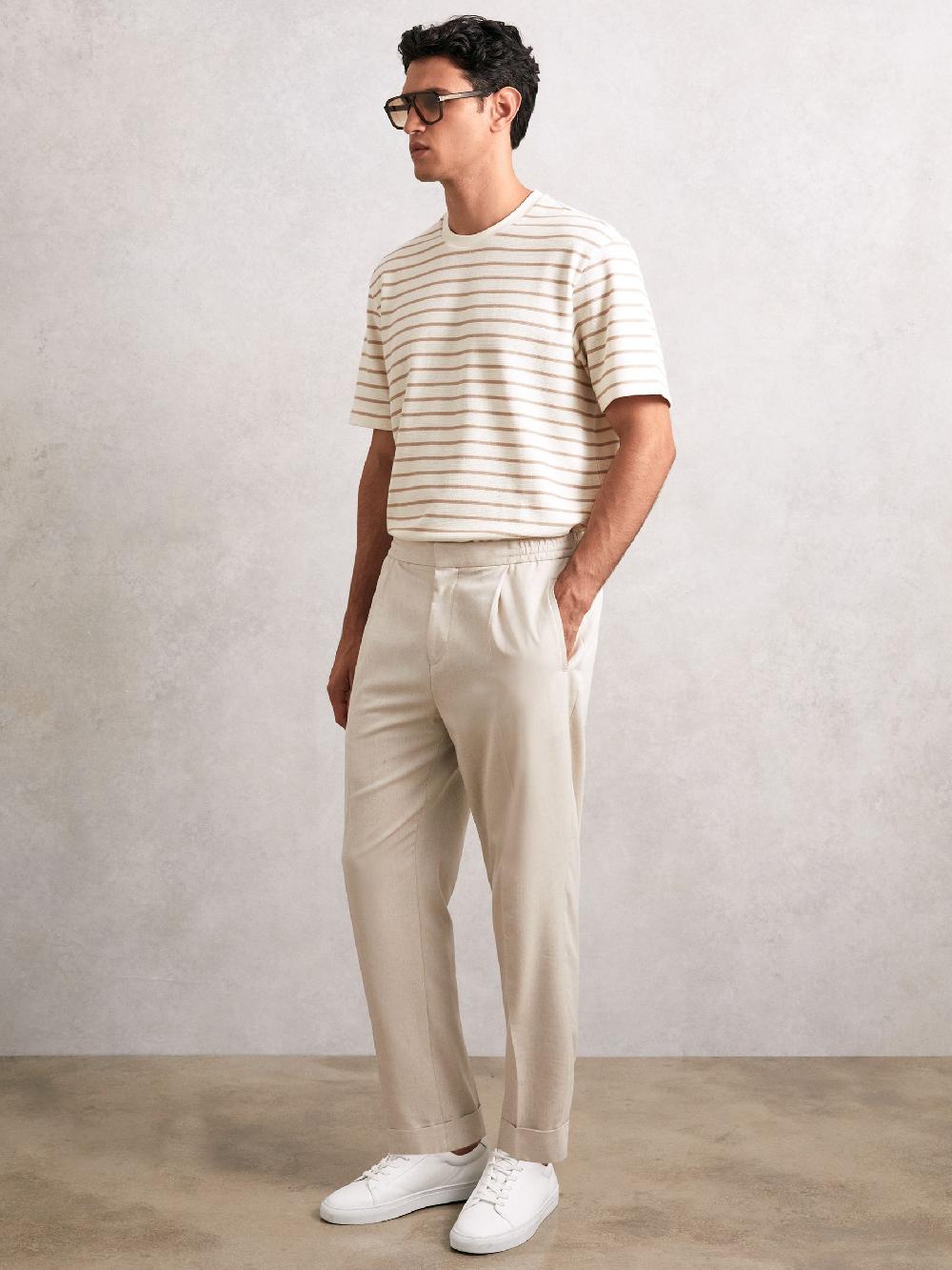 Reiss Cotton Textured Stripe T-Shirt In Oatmeal/White
