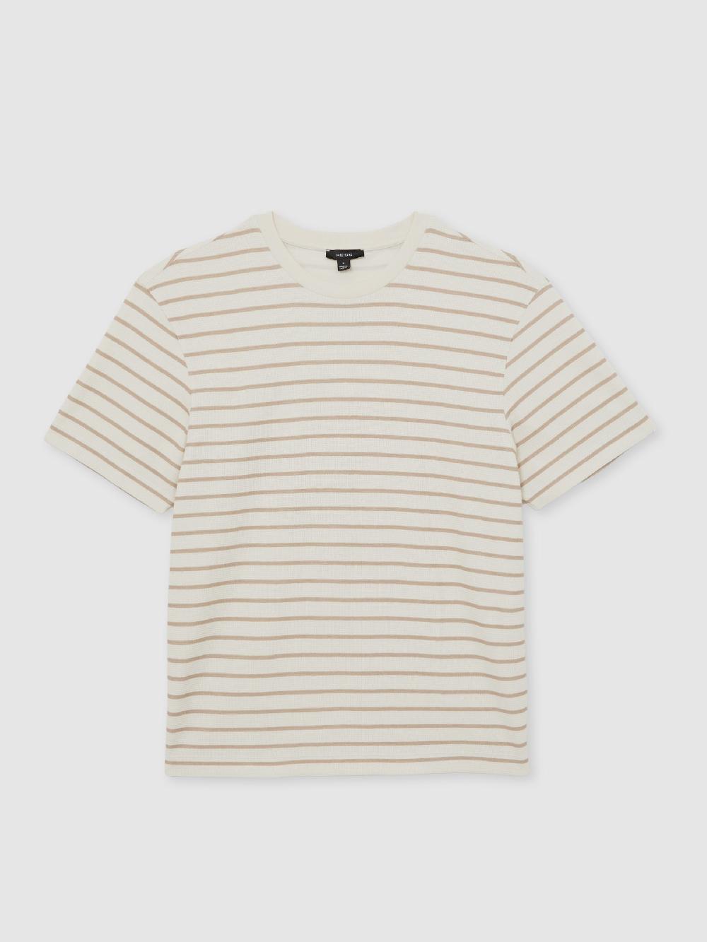 Reiss Cotton Textured Stripe T-Shirt In Oatmeal/White