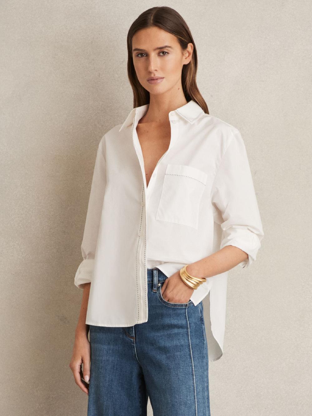 Reiss Cotton Topstitched Button-Through Shirt In White