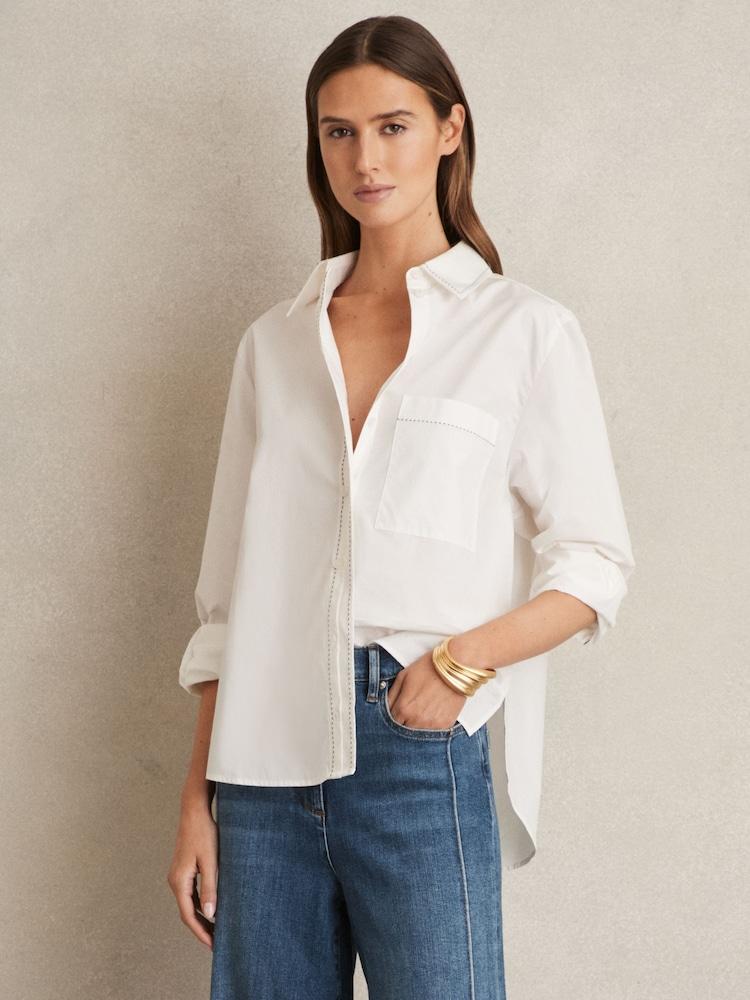 reiss Cotton Topstitched Button-Through Shirt in White