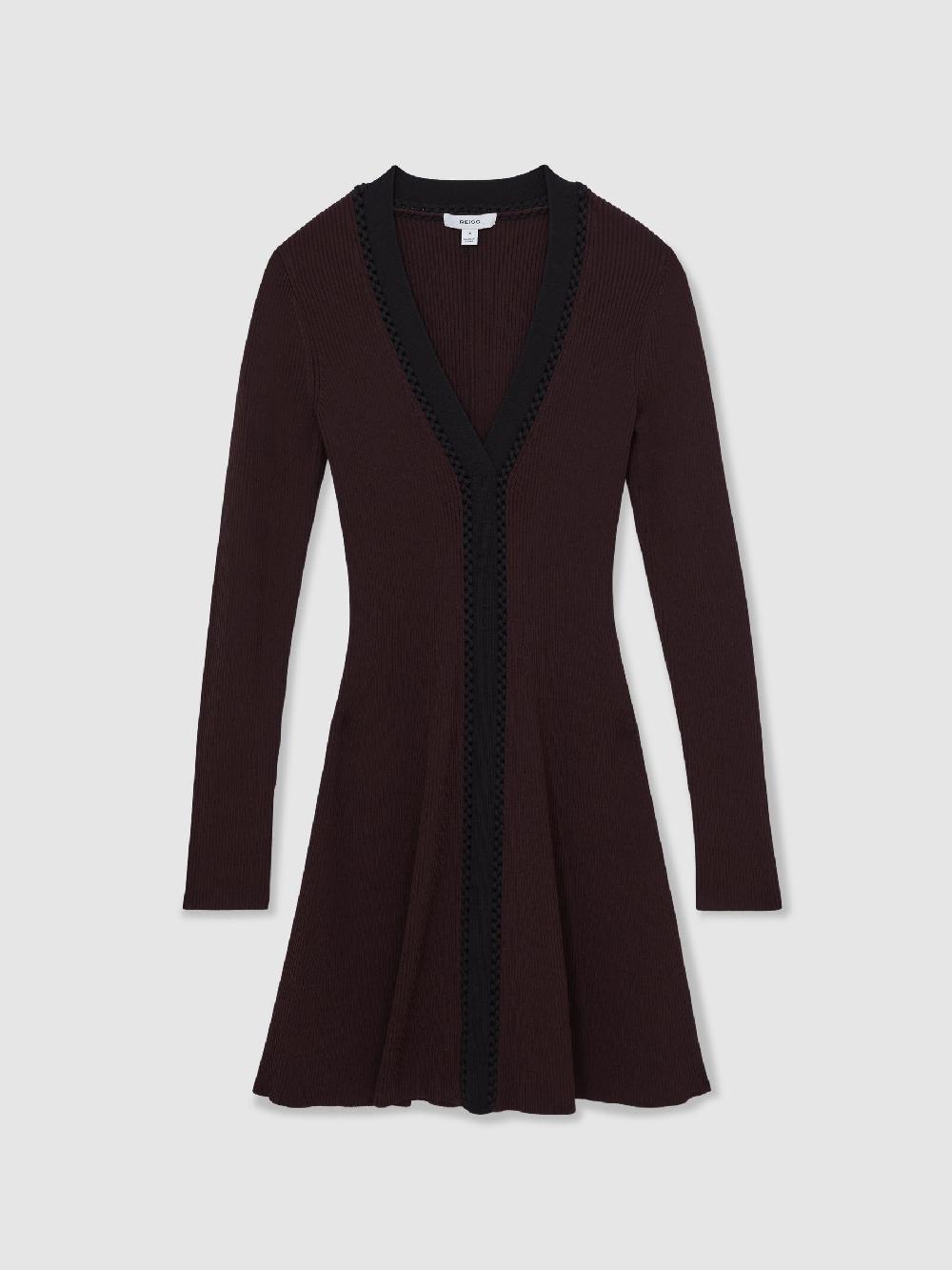 Reiss Craft-Stitch Rib-Knit Mini Dress In Burgundy/Black