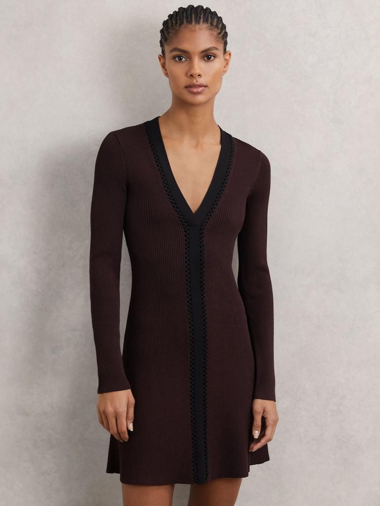 reiss Craft-Stitch Rib-Knit Mini Dress in Burgundy/Black