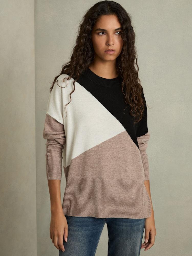 reiss Crew-Neck Jumper With Wool and Cashmere in Camel/Black