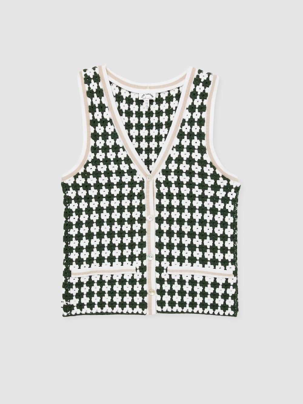Reiss Crochet Button Through 100% Cotton Vest In Green