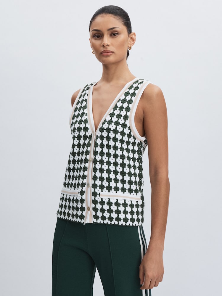 reiss Crochet Button Through 100% Cotton Vest in Green