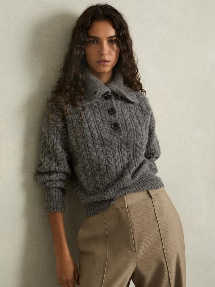 reiss Cropped Cable-Knit Jumper With Mohair in Charcoal