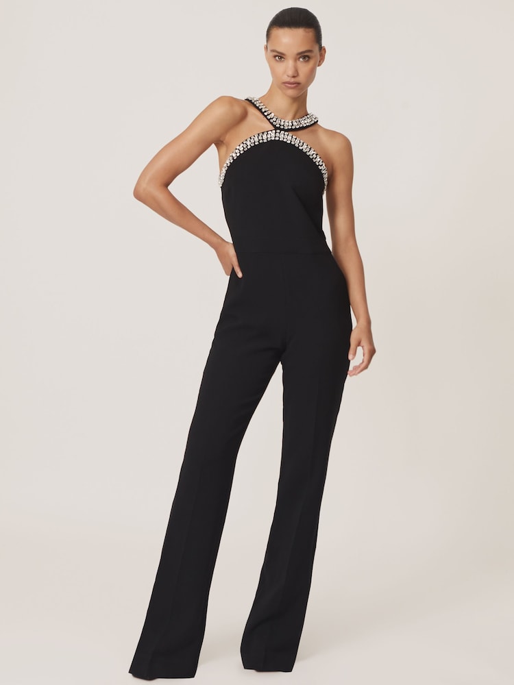 reiss Crystal-Embellished Cut-Out Jumpsuit in Black