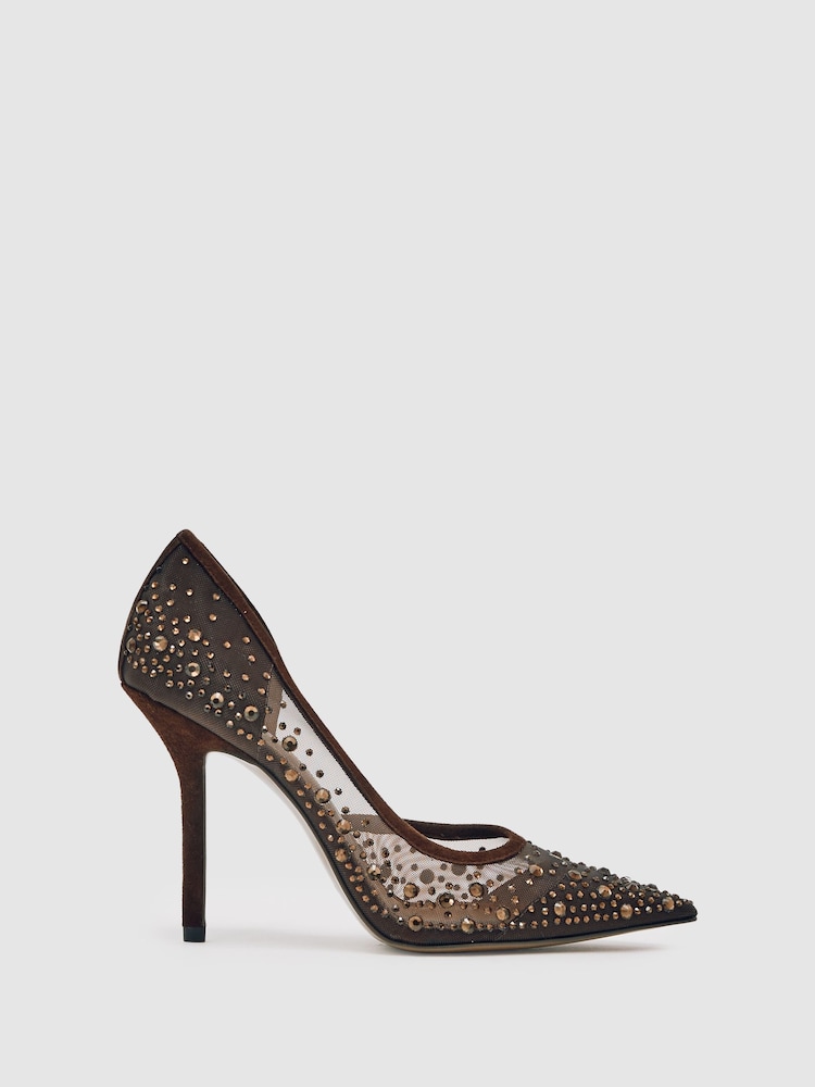 reiss Crystal-Embellished Mesh Court Shoes in Chocolate