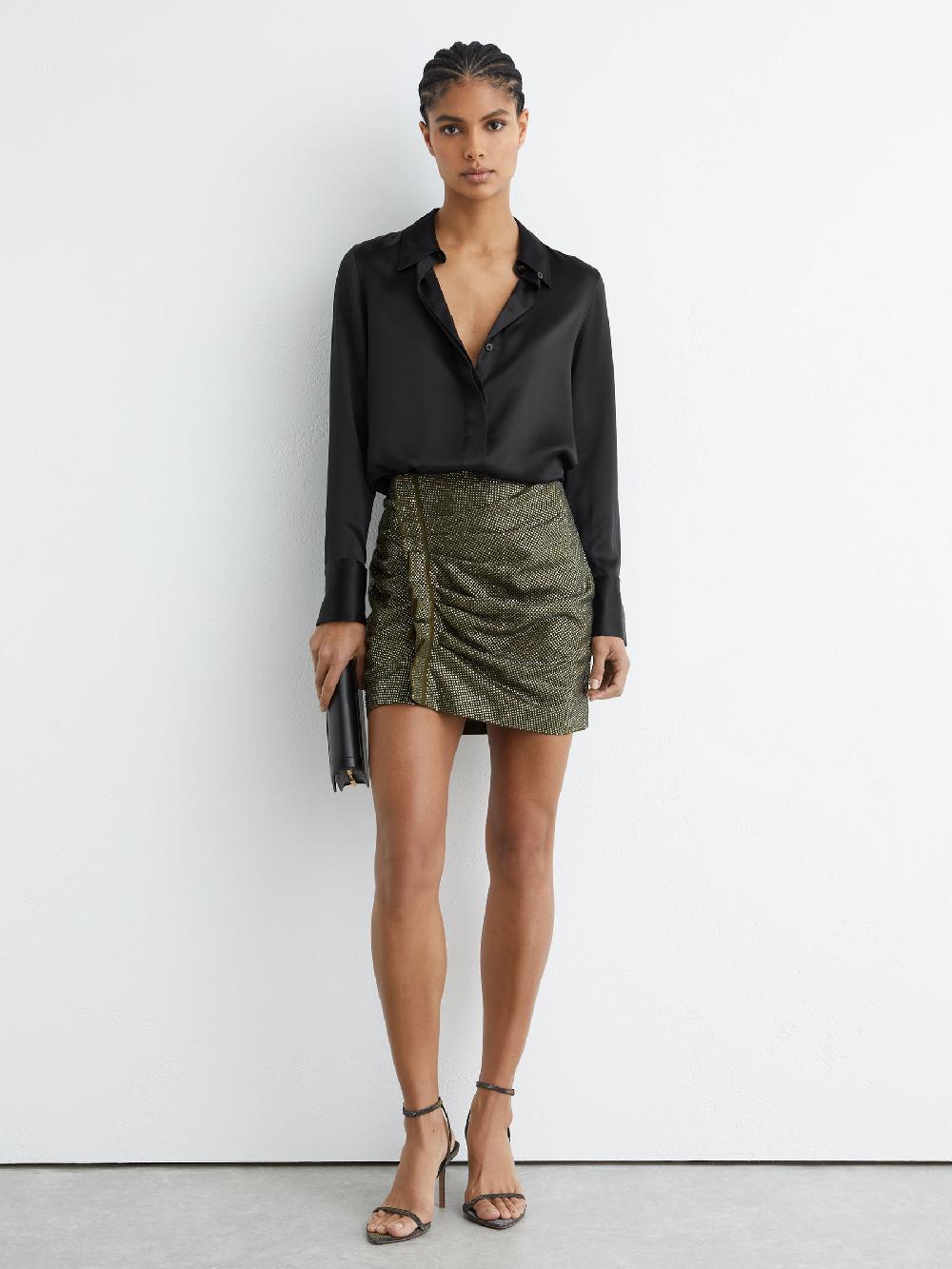 Reiss Crystal-Embellished Ruched Mini Skirt In Khaki Green