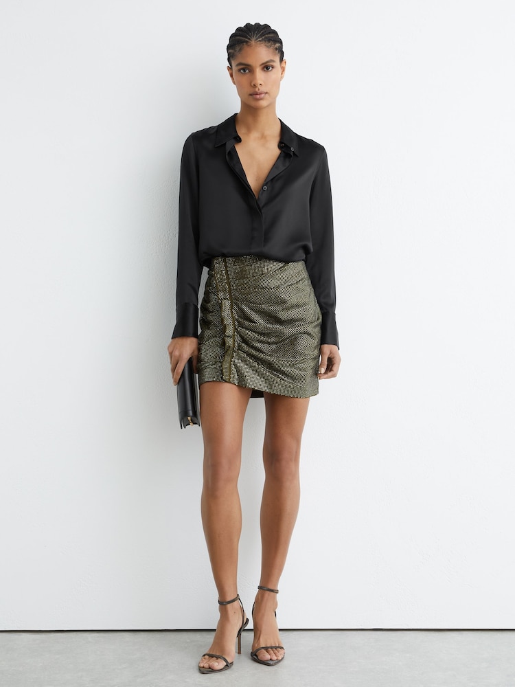 reiss Crystal-Embellished Ruched Mini Skirt in Khaki Green