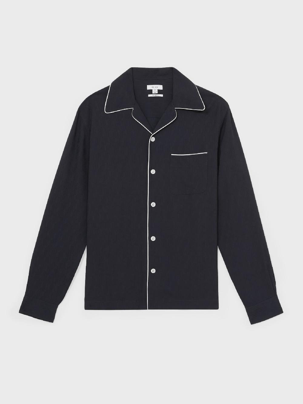 Reiss Cuban Collar Shirt With Piping Detail Shirt In Navy