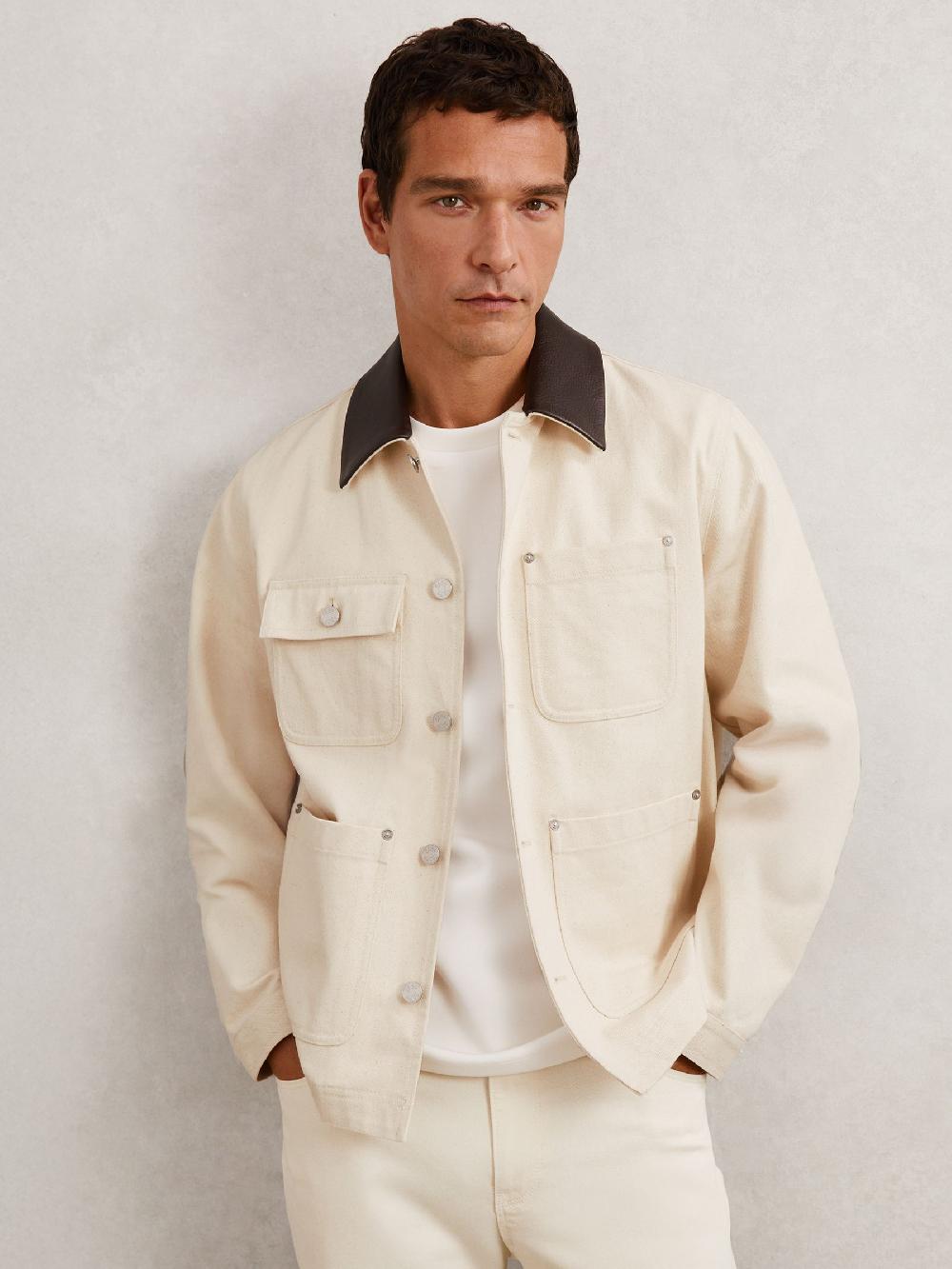 Reiss Denim Leather-Collar Worker Jacket In Off White