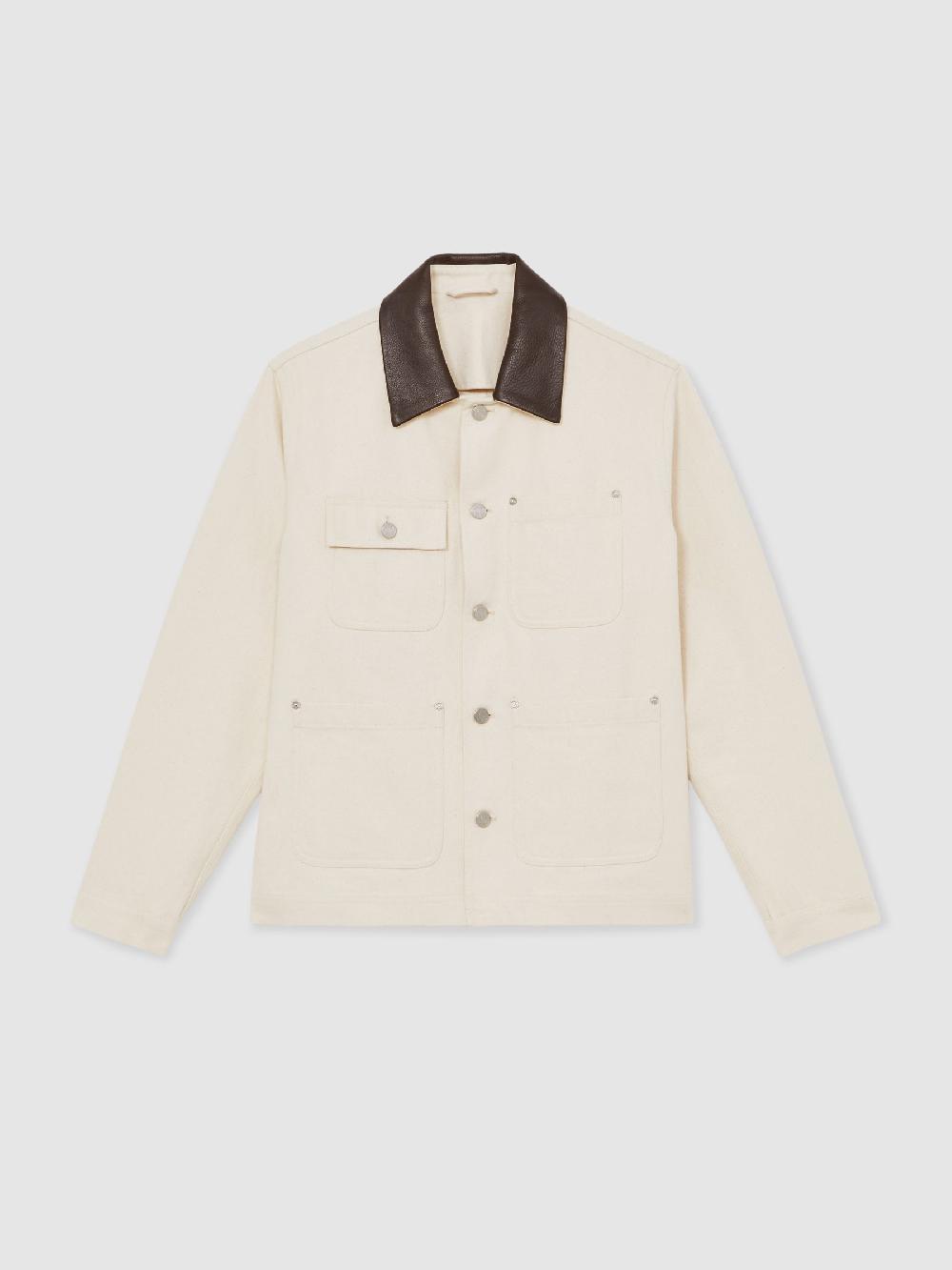 Reiss Denim Leather-Collar Worker Jacket In Off White