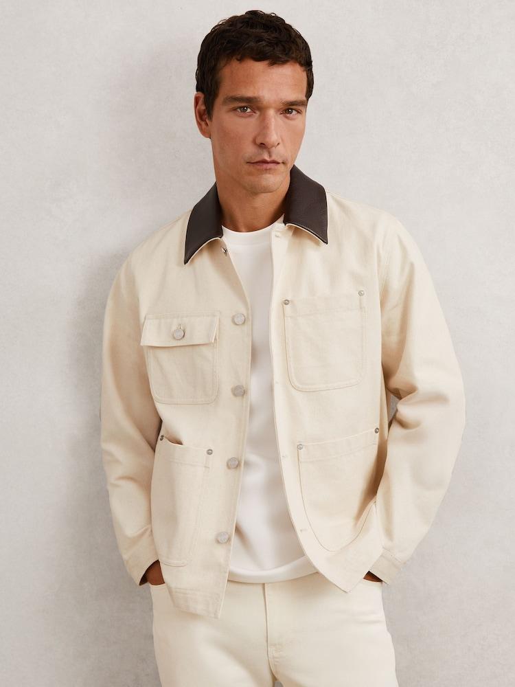 reiss Denim Leather-Collar Worker Jacket in Off White