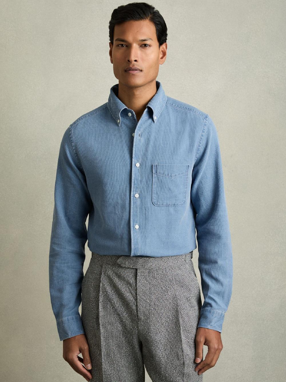 Reiss Denim Piqué Button-Through Shirt In Indigo Blue