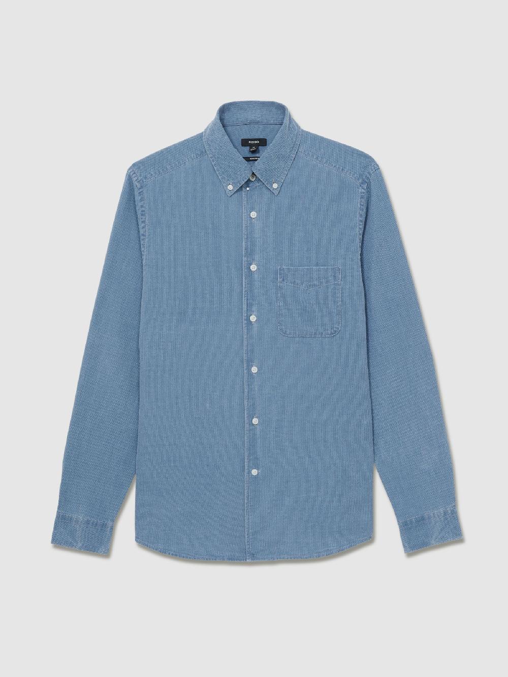 Reiss Denim Piqué Button-Through Shirt In Indigo Blue