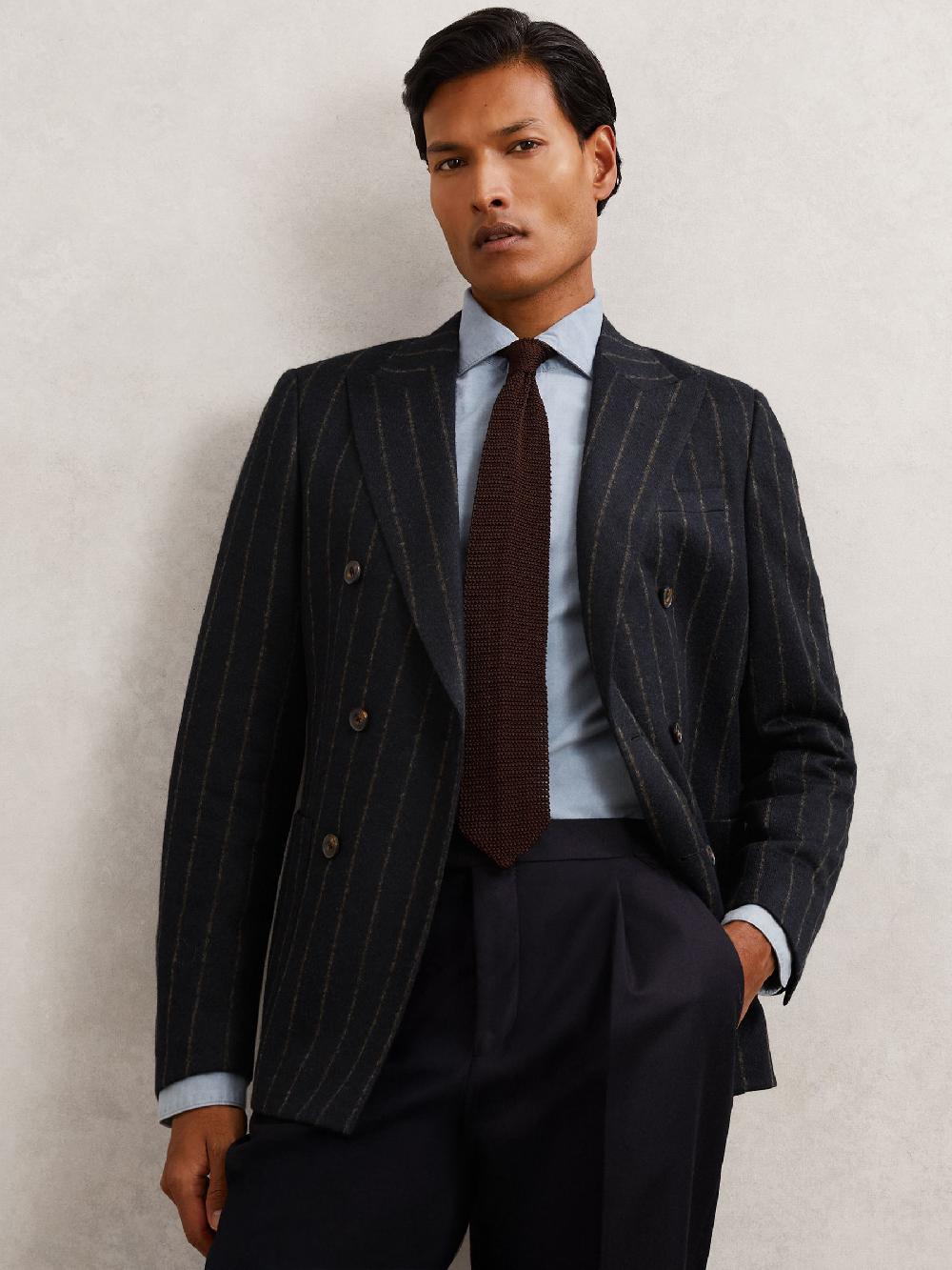 Reiss Double-Breasted Chalk-Stripe Blazer Tailored-Fit With Wool In Navy