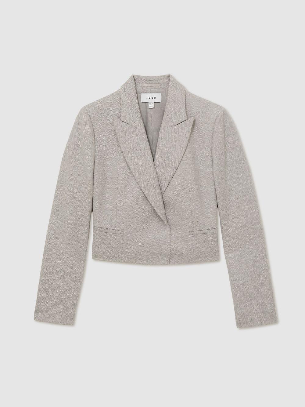 Reiss Double-Breasted Cropped Wool-Blend Blazer In Grey