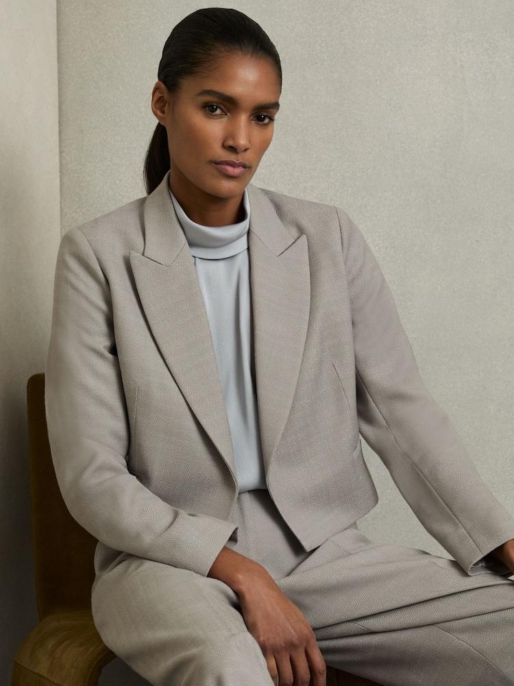 reiss Double-Breasted Cropped Wool-Blend Blazer in Grey