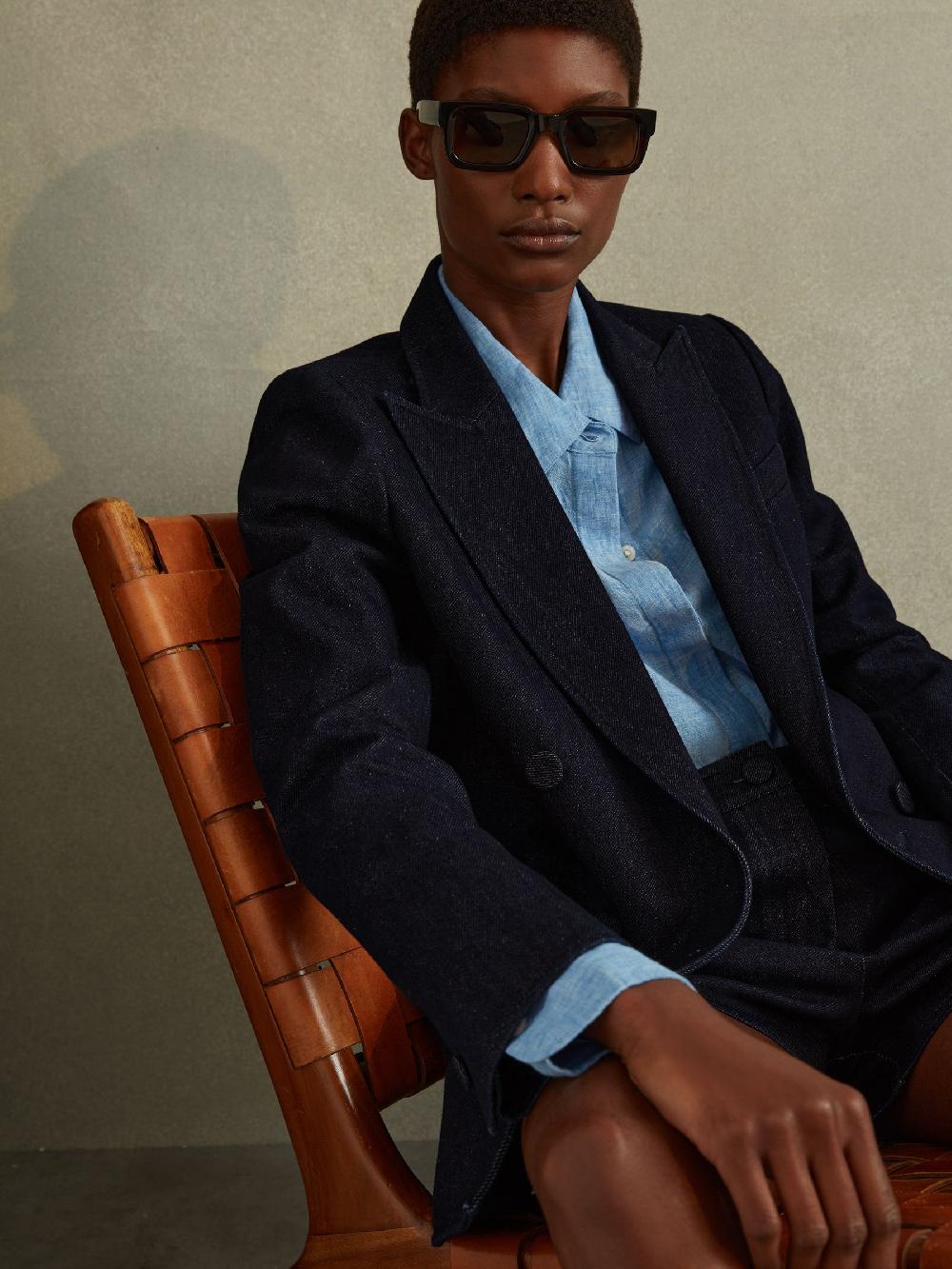 Reiss Double Breasted Denim Suit: Blazer In Dark Blue