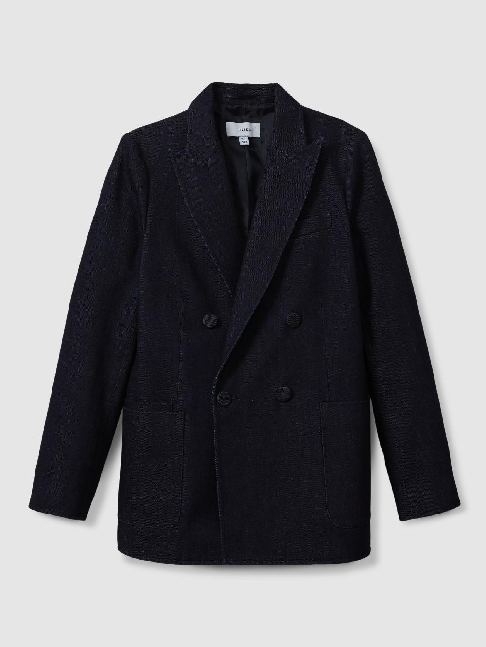 Reiss Double Breasted Denim Suit: Blazer In Dark Blue