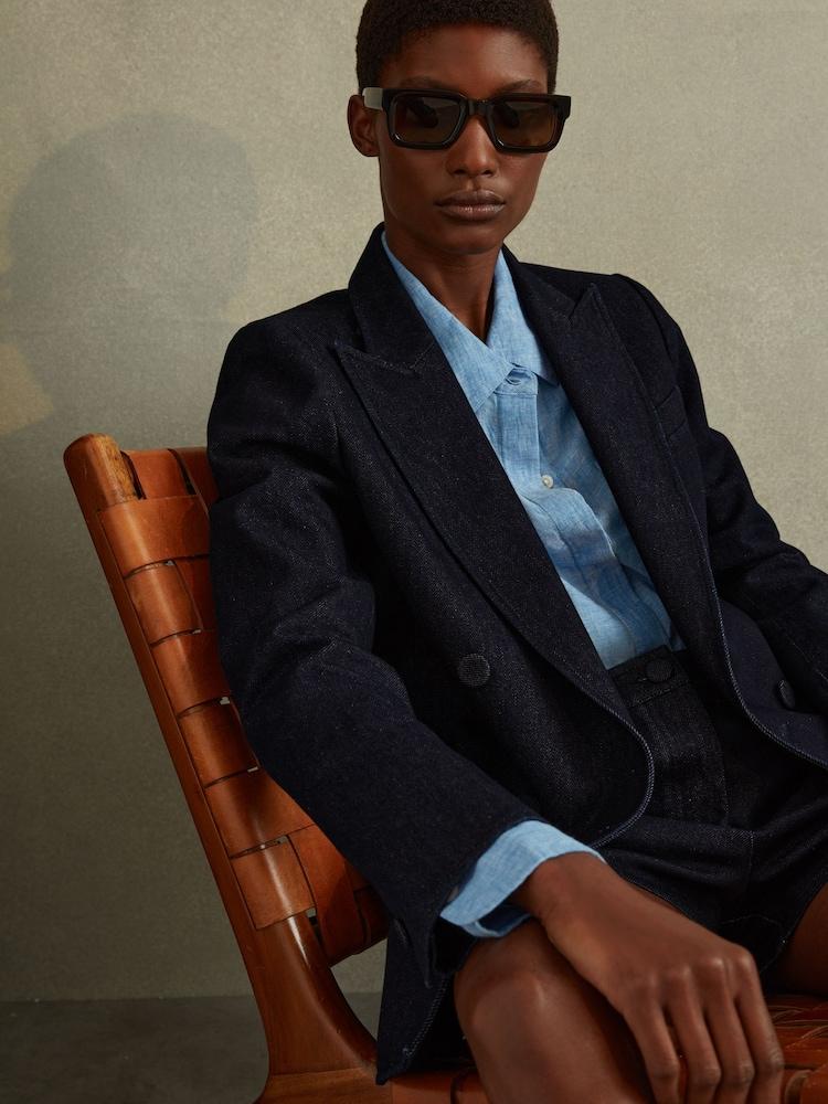 reiss Double Breasted Denim Suit: Blazer in Dark Blue