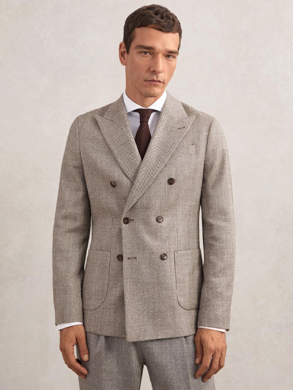 Reiss Double-Breasted Herringbone Blazer Tailored-Fit Wool-Blend In Brown