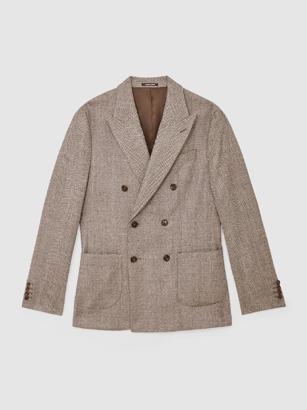 Reiss Double-Breasted Herringbone Blazer Tailored-Fit Wool-Blend In Brown