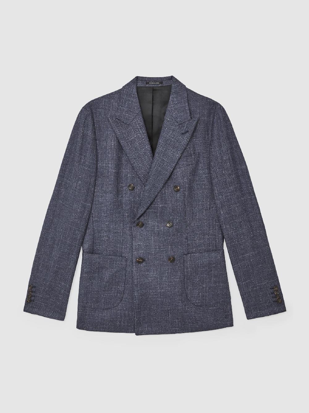 Reiss Double-Breasted Herringbone Blazer Tailored-Fit Wool-Blend In Navy