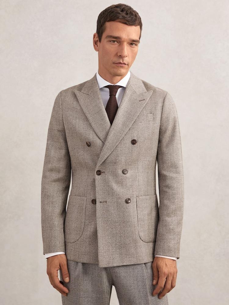 reiss Double-Breasted Herringbone Blazer Tailored-Fit Wool-Blend in Brown