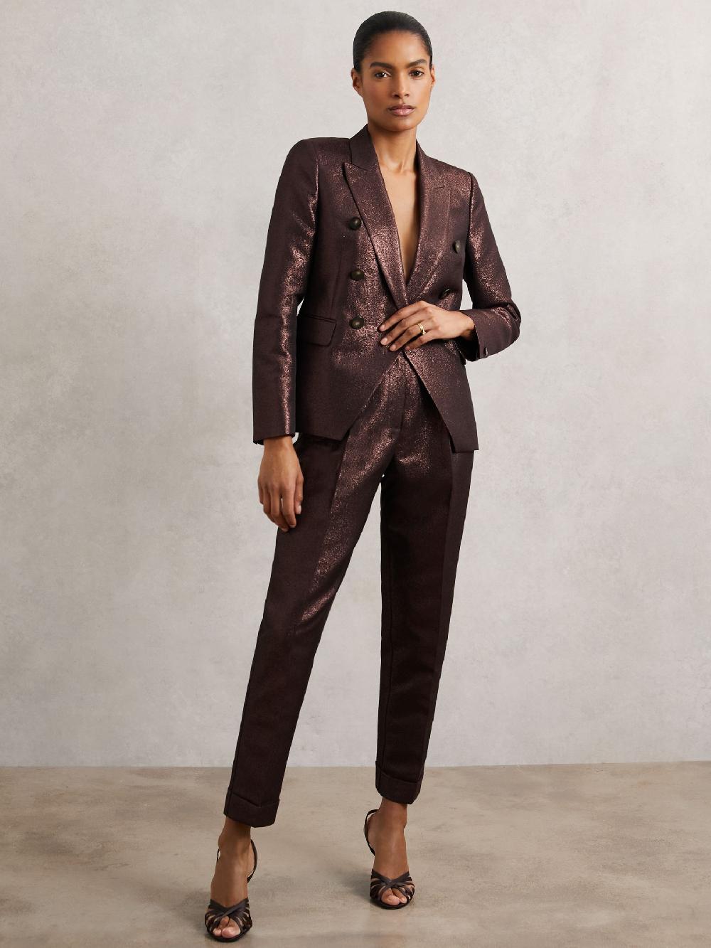Reiss Double-Breasted Metallic Suit Blazer With Cotton In Burgundy