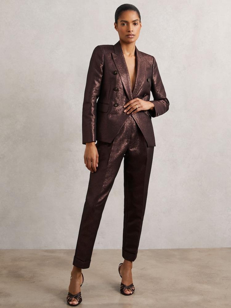 reiss Double-Breasted Metallic Suit Blazer with Cotton in Burgundy