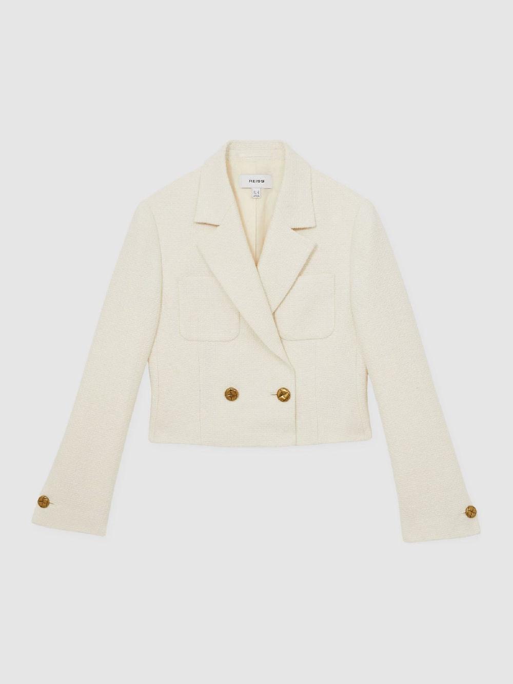 Reiss Double-Breasted Textured Cropped Blazer With Wool And Cotton In White