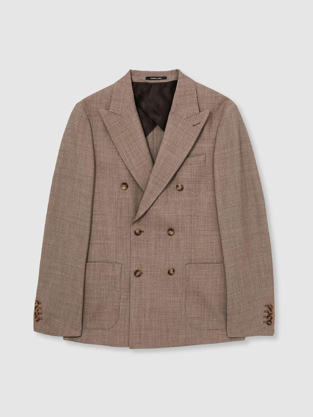 Reiss Double-Breasted Textured Suit Blazer Tailored-Fit With Wool In Brown
