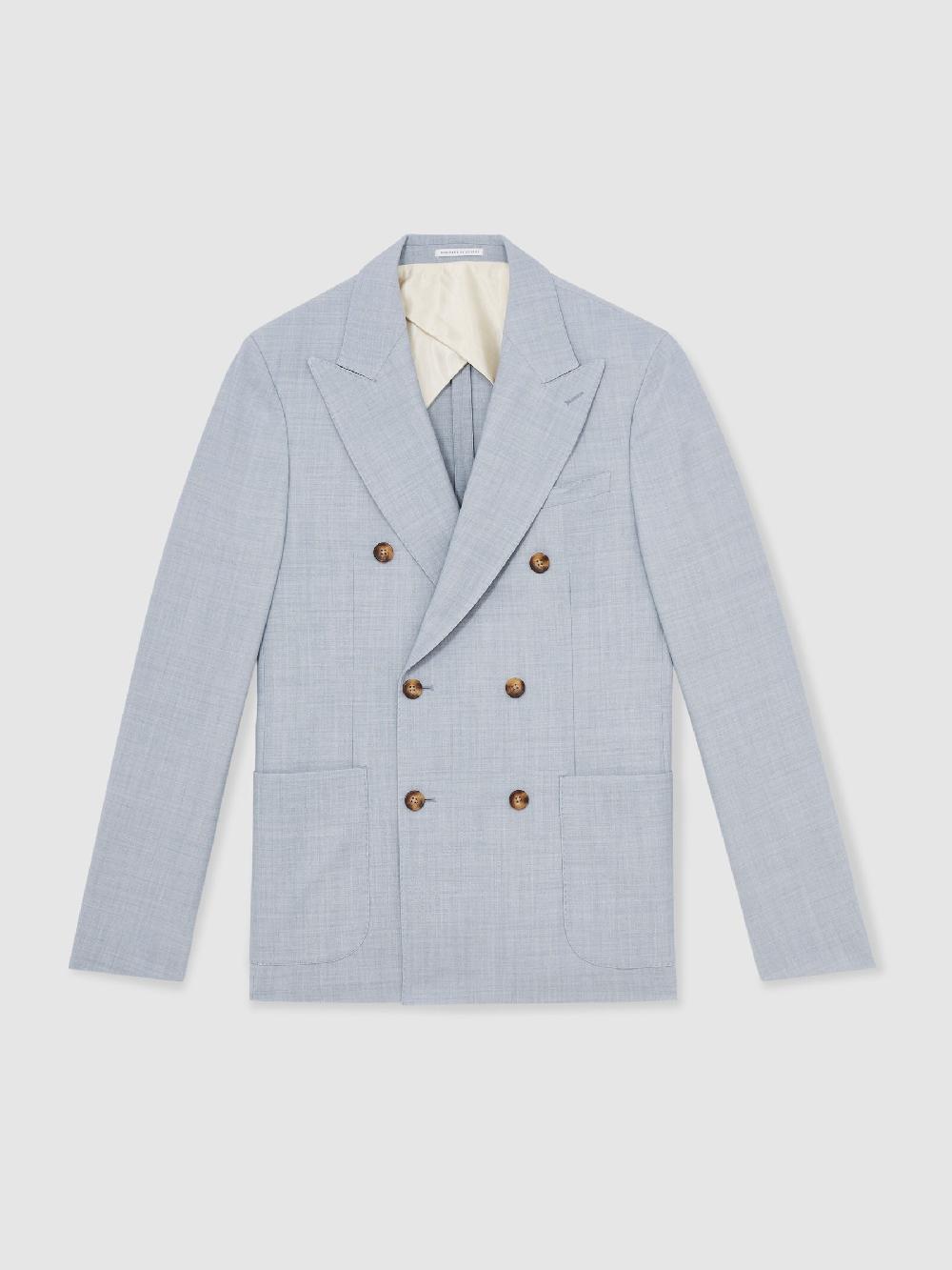 Reiss Double-Breasted Textured Suit Blazer With Wool Slim-Fit In Soft Blue