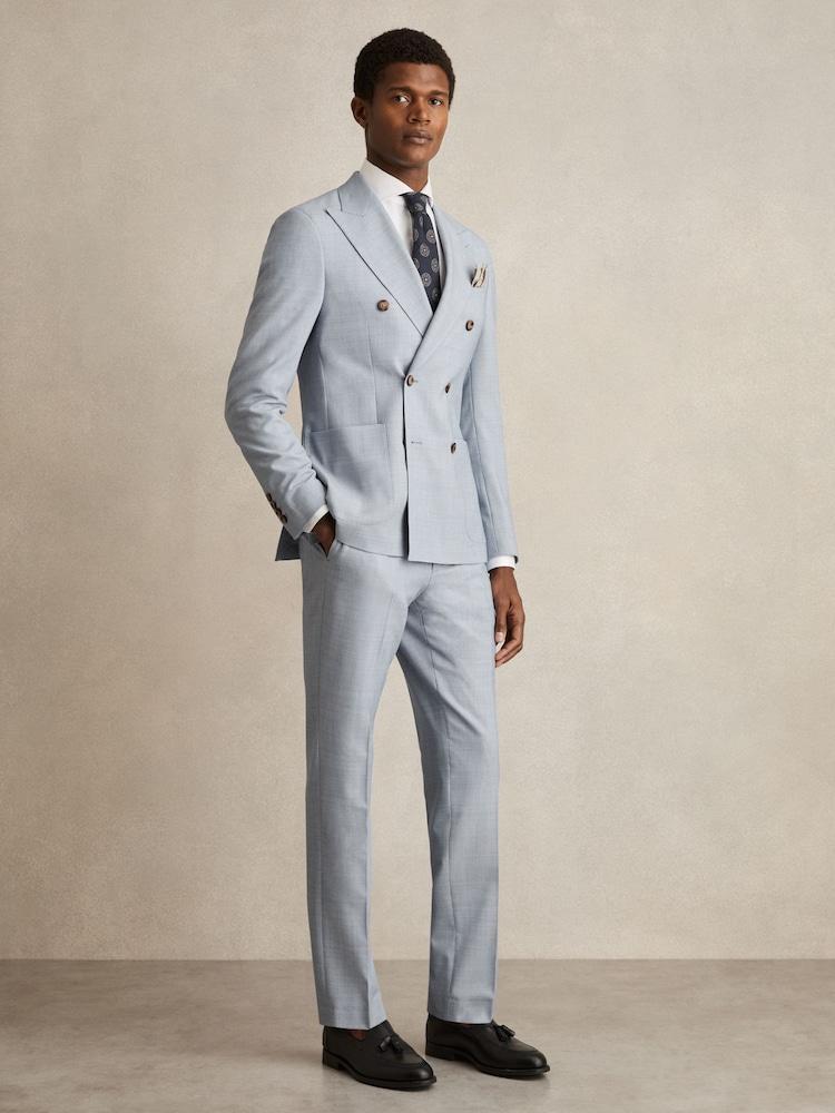 reiss Double-Breasted Textured Suit Blazer With Wool Slim-Fit in Soft Blue