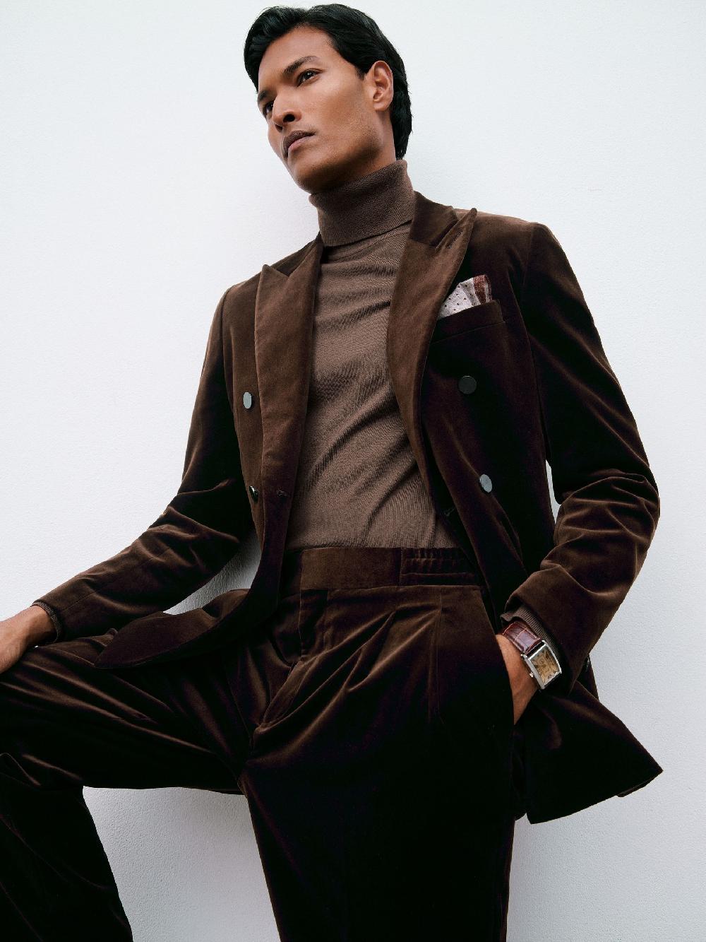 Reiss Double-Breasted Velvet Blazer Tailored-Fit In Chocolate Brown