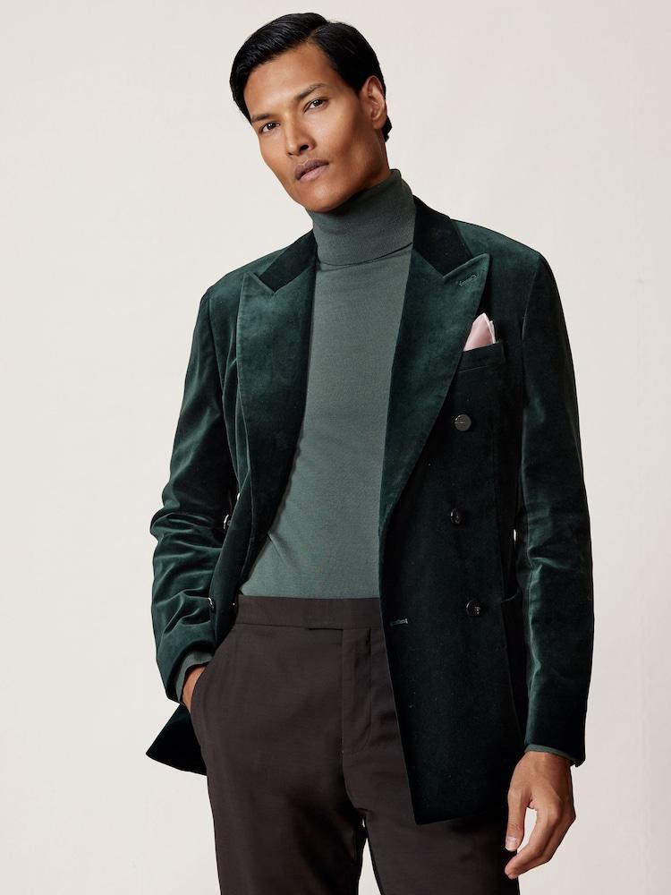 reiss Double-Breasted Velvet Blazer Tailored-Fit in Emerald Green
