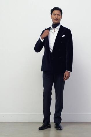 Reiss Double-Breasted Velvet Blazer Tailored-Fit In Navy