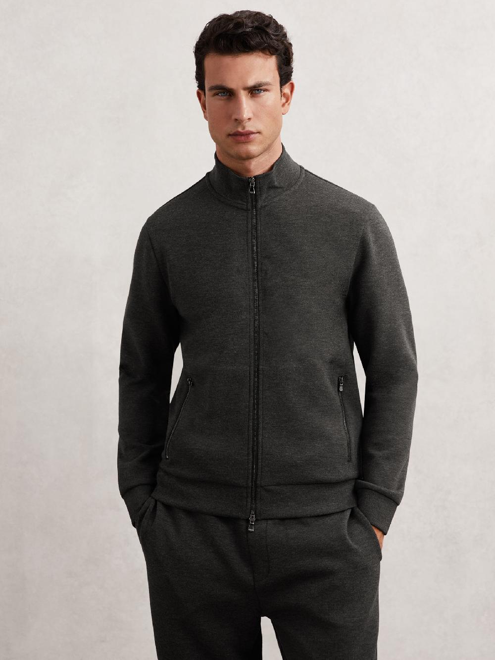 Reiss Double-Faced Jersey Zip Sweatshirt In Charcoal